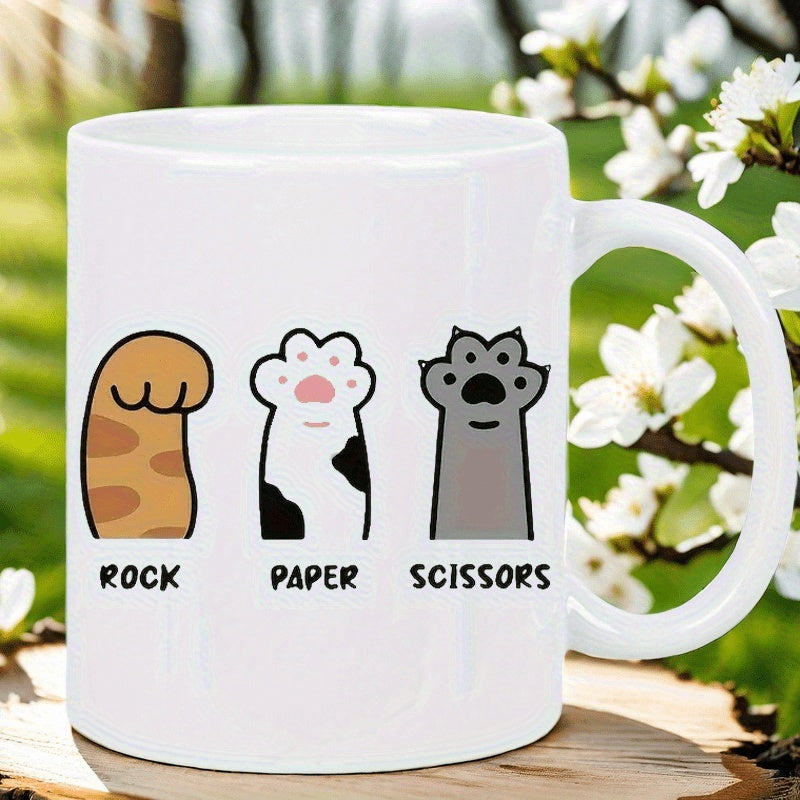 Tailorly White Ceramic 11 oz Mug - Rock Paper Scissors Three Cute Cartoon Cat Paws Standing In A Row Paw