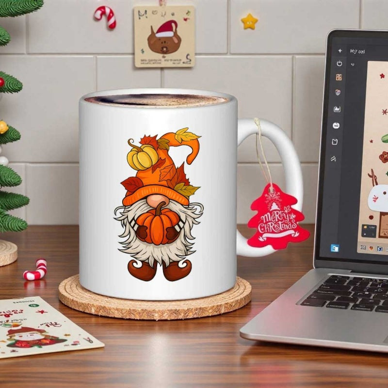 Tailorly White Ceramic 11 oz Mug - Charming Autumn Leaves And Harvest Pumpkin Theme With Bearded Mythical Gnome