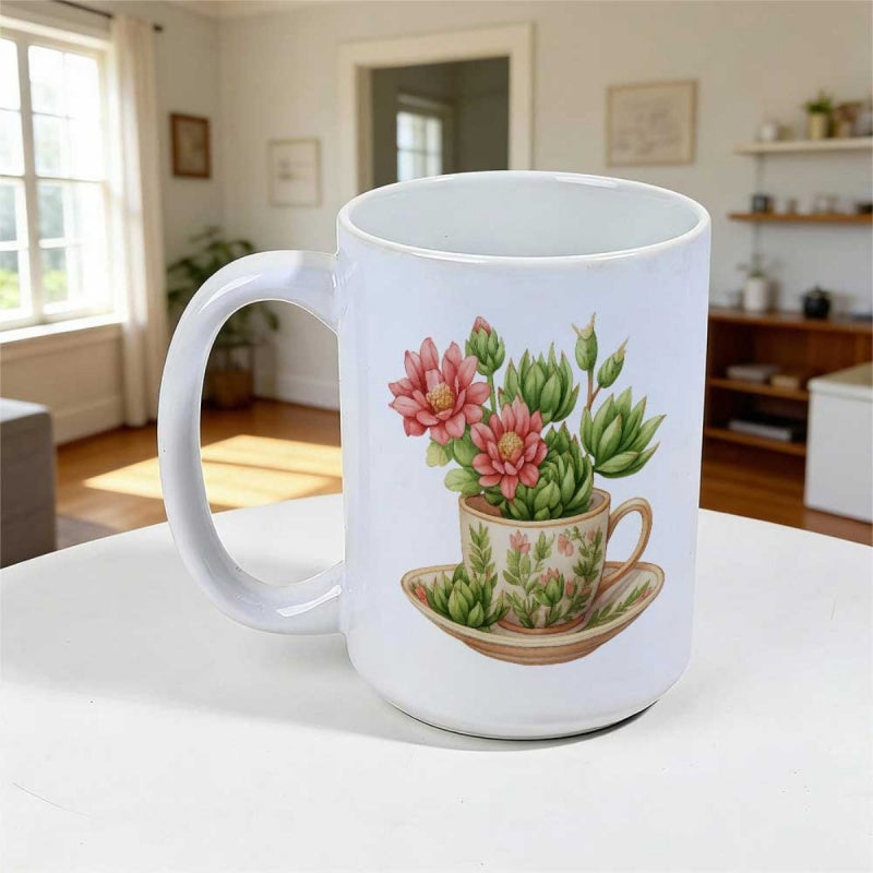 Tailorly White Ceramic 11 oz Mug - Beautiful Pink Flowers And Green Succulents Resting Inside A Vintage Teacup Succulent