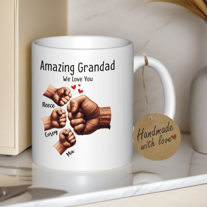 Tailorly White Ceramic 11 oz Mug - Amazing Grandad We Love You Multiple Fists Bumping Together Under Tiny Floating Red Hearts Mug