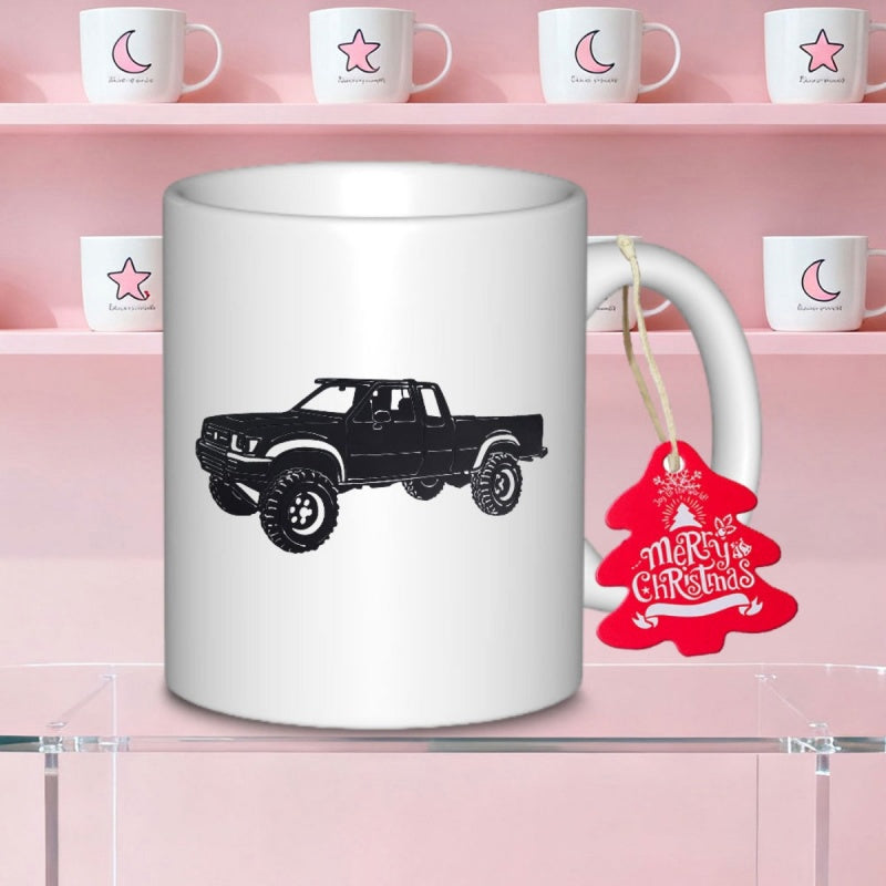 Tailorly White Ceramic 11 oz Mug - Vintage Rugged Off Road Black Pickup With Large Wheels And Lifted Frame Truck