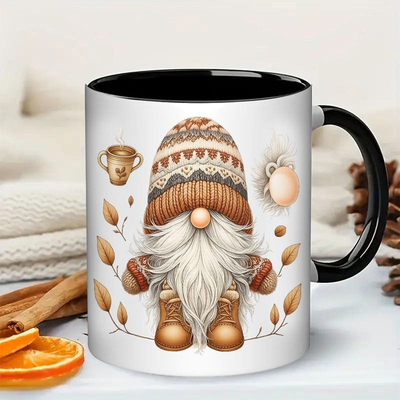 Tailorly Black Accent 11 oz Mug - scandinavian gnome with knit hat， beige and white colors， brown boots， pom pom， beard