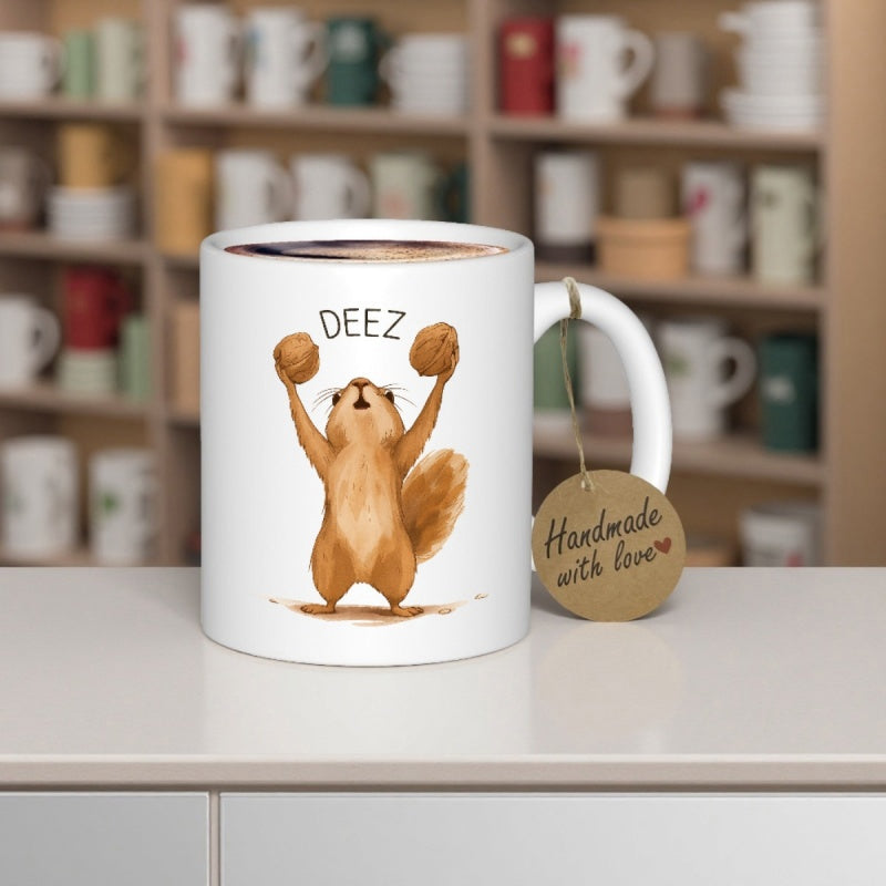 Tailorly White Ceramic 11 oz Mug - Deez Playful Brown Furry Animal Raising Two Large Round Nuts Squirrel