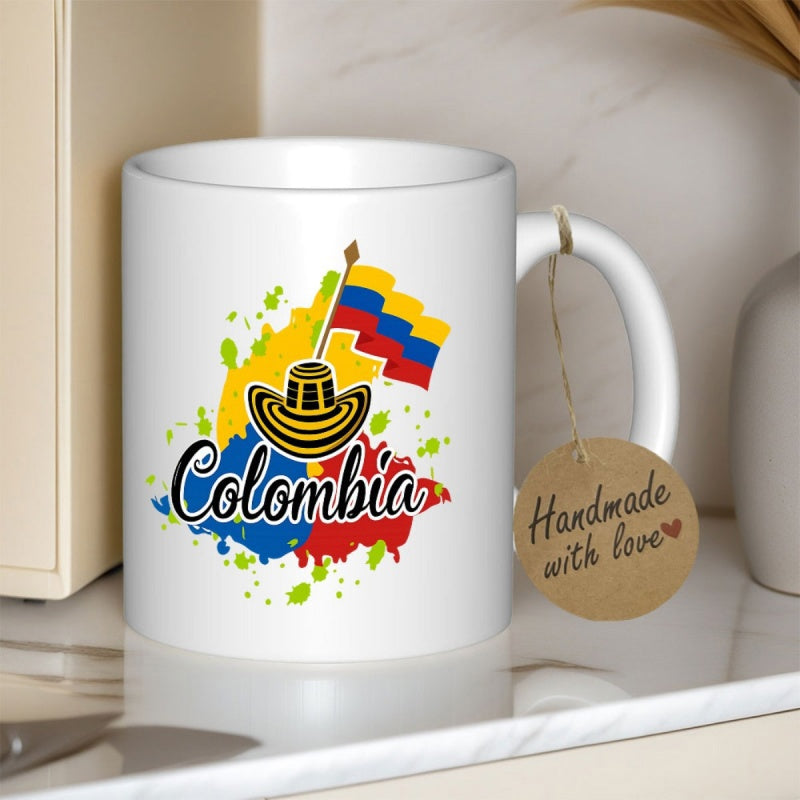 Tailorly White Ceramic 11 oz Mug - Colombia National Flag Floating Over Vibrant Artistic Map Paint Splatter Colombia