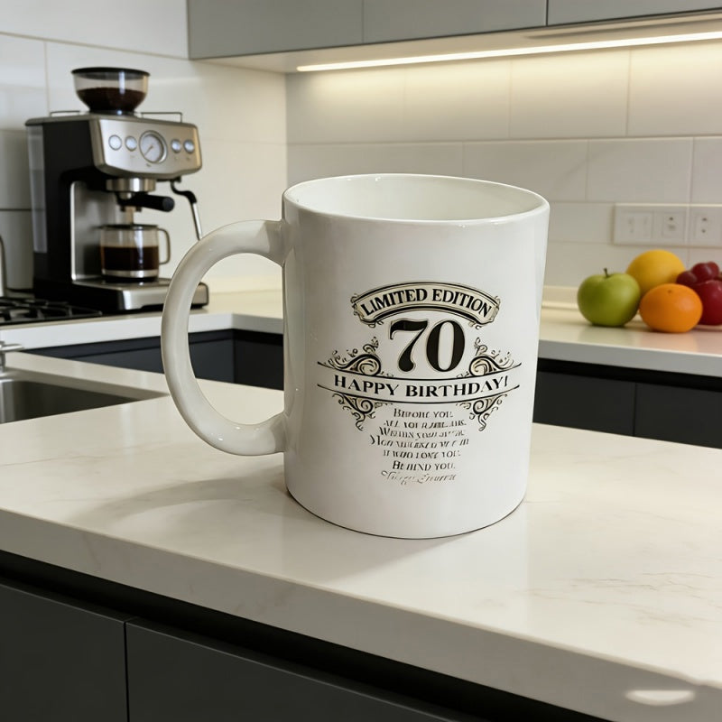 Tailorly White Ceramic 11 oz Mug - Limited Edition 70 Happy Birthday Vintage Ornate Filigree Frame With Elegant Classic Scrollwork Styling Label