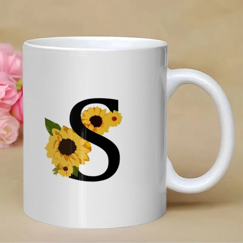 Tailorly White Ceramic 11 oz Mug - S Vibrant Yellow Sunflowers Blooming Gracefully Around A Classic Black Initial