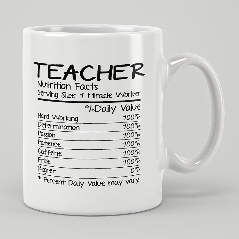 Tailorly White Ceramic 11 oz Mug - Teacher Nutrition Facts Minimalist White Ceramic Cup Featuring Creative Educational Nutritional Label Design Mug
