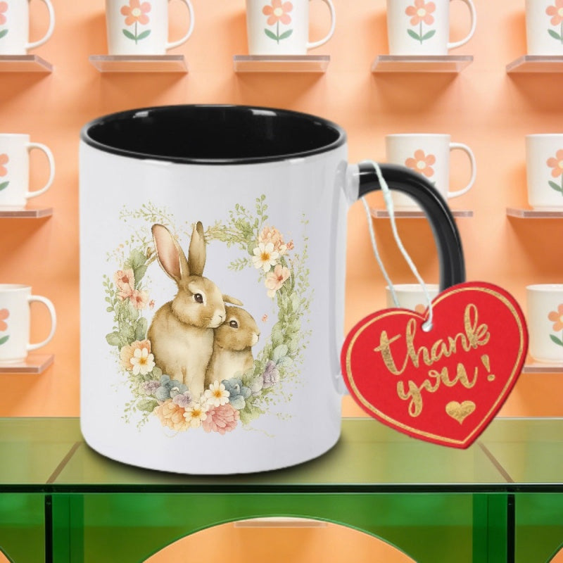 Tailorly Black Accent 11 oz Mug - easter bunny and flowers