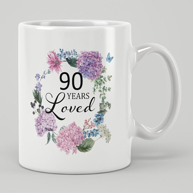 Tailorly White Ceramic 11 oz Mug - 90 Years Loved Elegant Watercolor Hydrangea Flowers With Green Leaves And Small Butterfly Wreath