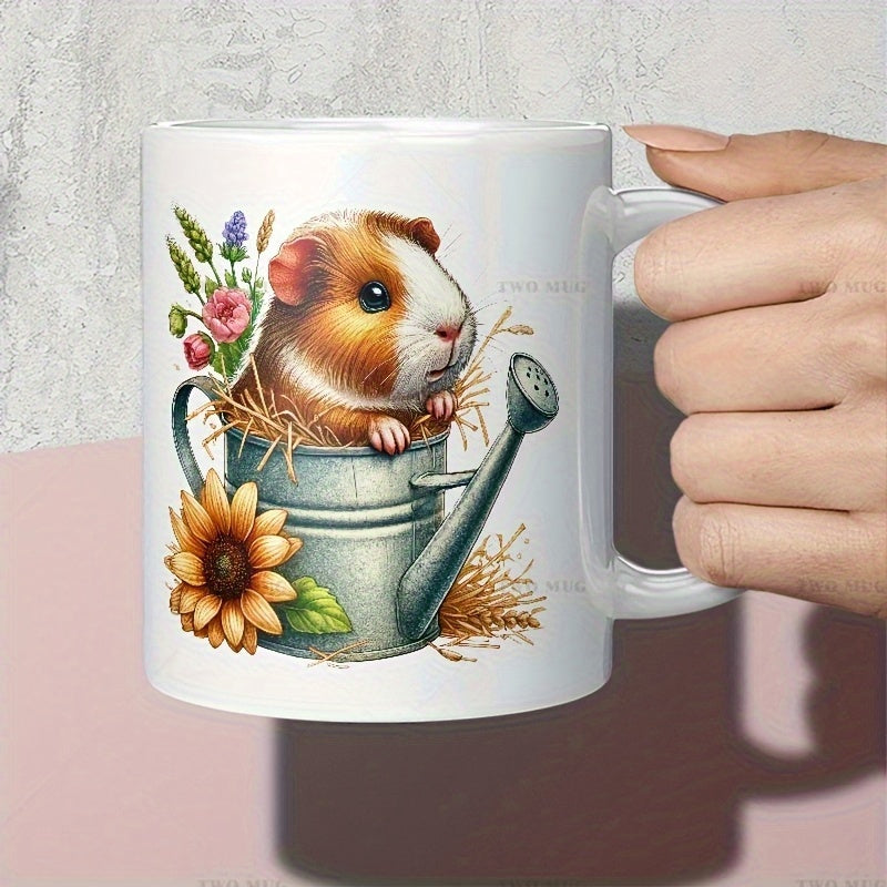 Tailorly White Ceramic 11 oz Mug - Adorable Brown And White Sitting Inside A Vintage Watering Can Sunflower Guinea Pig
