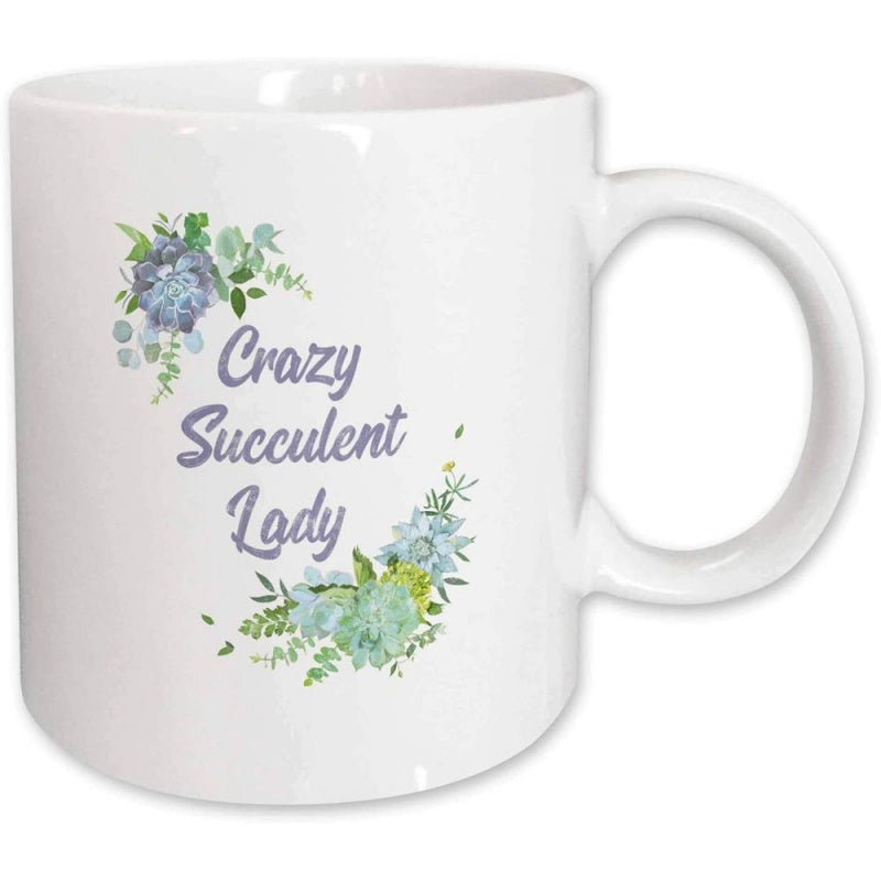 Tailorly White Ceramic 11 oz Mug - Crazy Succulent Lady Soft Watercolor Green And Teal Garden Plants With Detailed Leaves Succulent