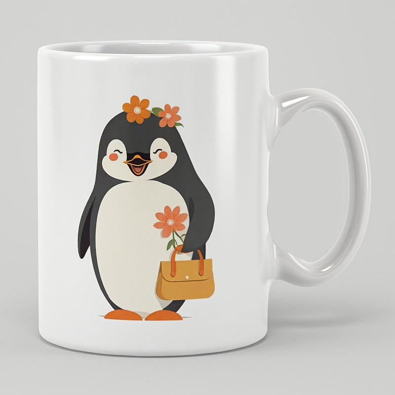 Tailorly White Ceramic 11 oz Mug - Cheerful Little Cartoon Animal With Floral Crown Carrying A Handbag Penguin