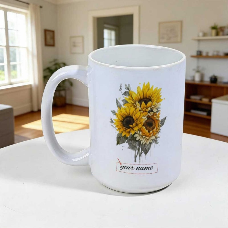 Tailorly White Ceramic 11 oz Mug - Vibrant Yellow Petals With Lush Green Leaves And Artistic Hand Drawn Details Sunflower