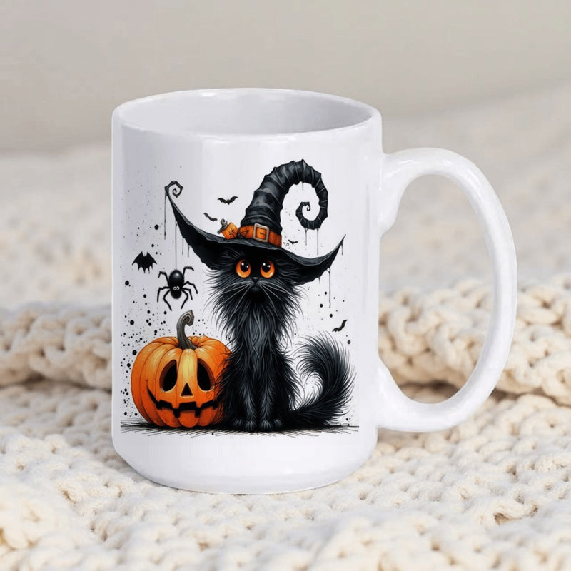 Tailorly White Ceramic 11 oz Mug - Spooky Halloween Pumpkin Beside A Fluffy Witch Hat Wearing Black Cat