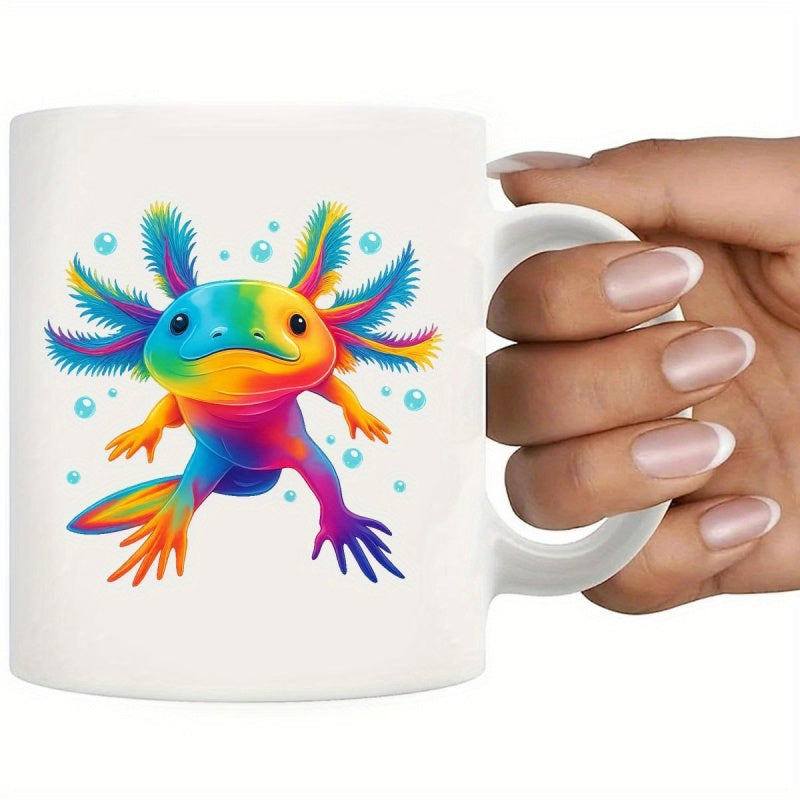 Tailorly White Ceramic 11 oz Mug - Vibrant Rainbow Colors Swimming Amidst Blue Water Bubbles Colorful Axolotl