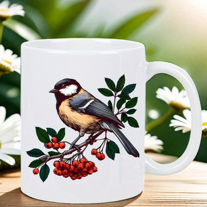 Tailorly White Ceramic 11 oz Mug - Realistic Chickadee Perched On Leafy Branch With Red Berries Bird