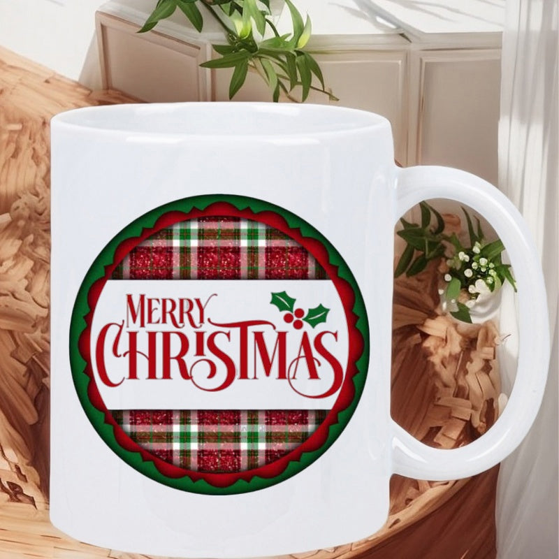 Tailorly White Ceramic 11 oz Mug - Merry Christmas Festive Red Green Plaid Pattern Featuring Seasonal Holly Berries Mug