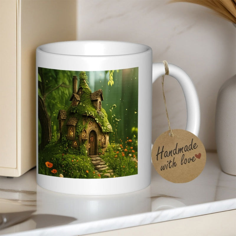 Tailorly White Ceramic 11 oz Mug - Enchanted Mossy Stone Cottage In Lush Green Magical Forest Fantasy House