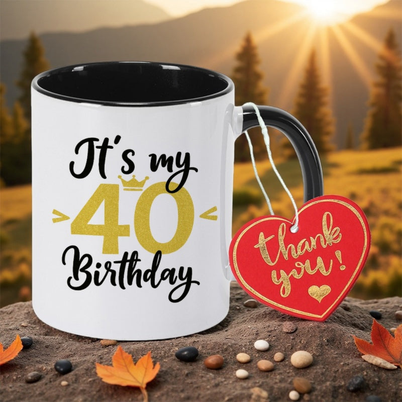 Tailorly Black Accent 11 oz Mug - 40th birthday glittery golden number elegant black script