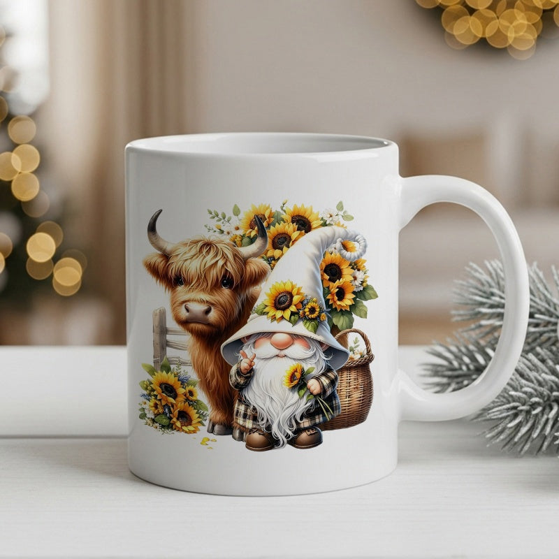 Tailorly White Ceramic 11 oz Mug - Shaggy Highland Cow And Cute Gnome Standing Among Bright Yellow Sunflowers Cow