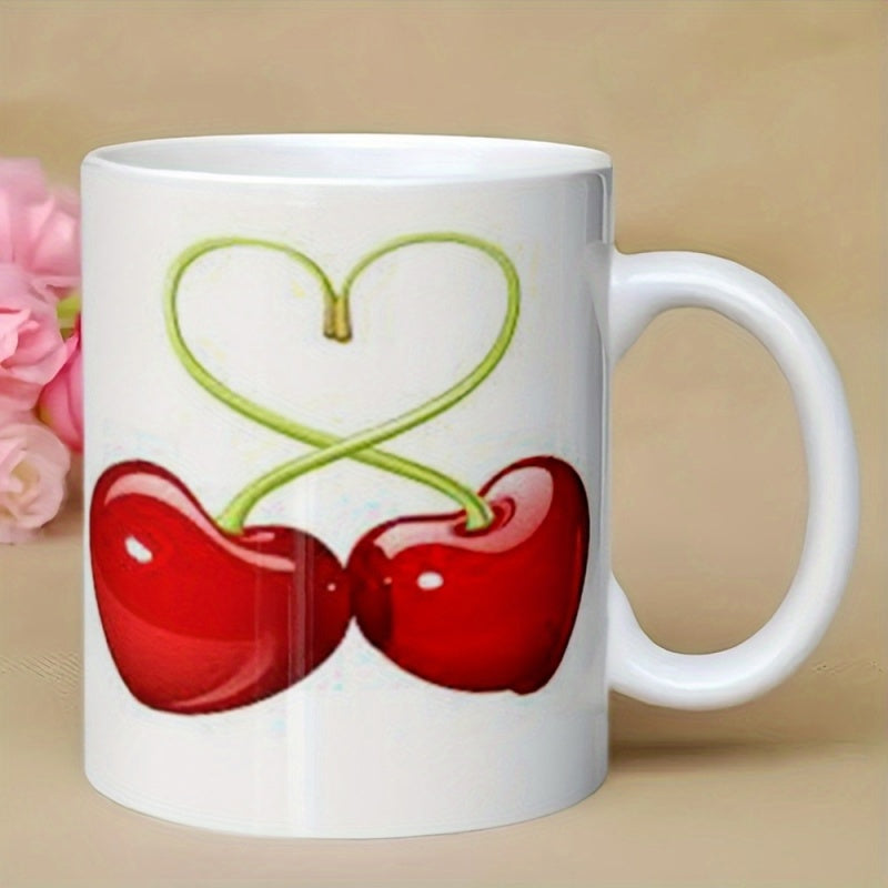 Tailorly White Ceramic 11 oz Mug - Vibrant Red Heart Shaped Summer Fruits With Elegant Intertwining Green Stems Cherry