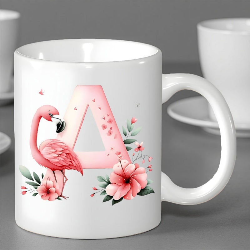 Tailorly White Ceramic 11 oz Mug - A Pink Elegant Flamingo Standing Gracefully Amidst Blooming Tropical Flowers Flamingo