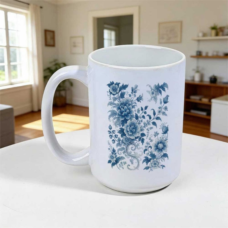 Tailorly White Ceramic 11 oz Mug - Vintage Blue Floral Pattern With Blooming Petals And Intricate Leafy Foliage Flower