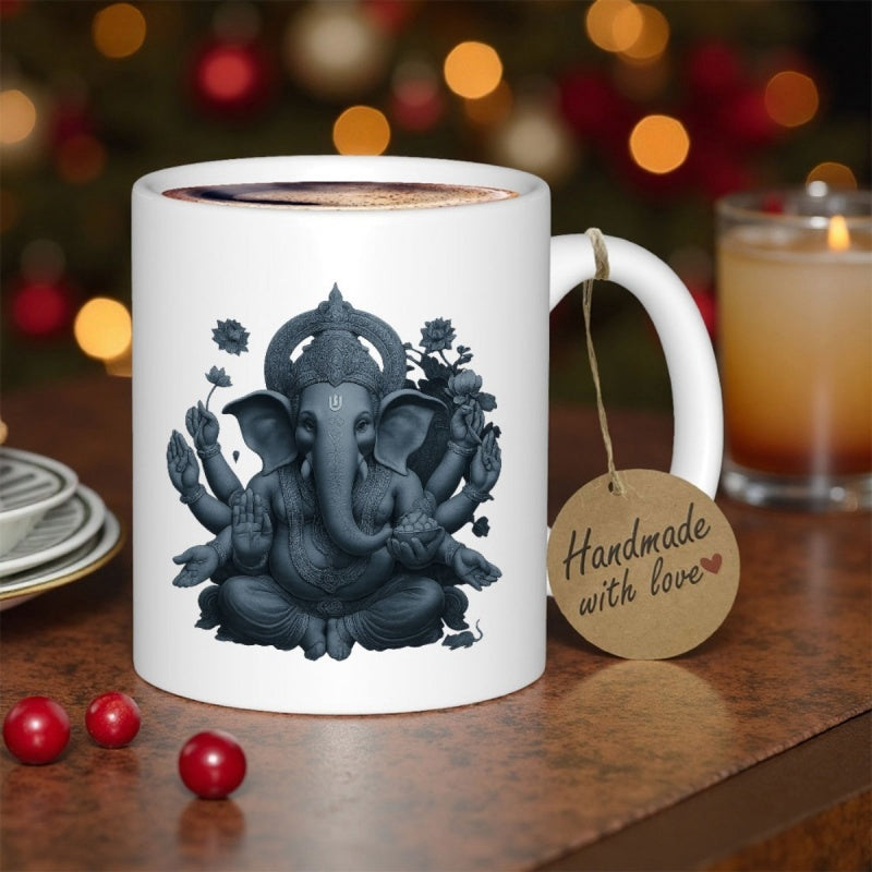 Tailorly White Ceramic 11 oz Mug - Handmade With Love Intricate Seated Hindu Deity With Multiple Arms Holding Lotus Ganesha