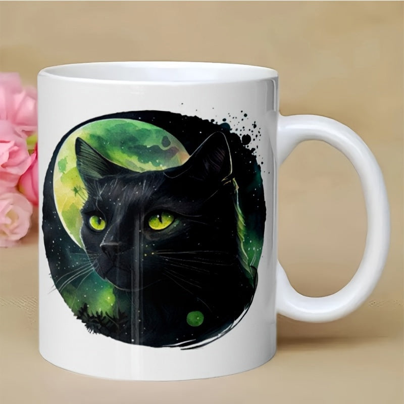 Tailorly White Ceramic 11 oz Mug - Mysterious Feline Gazing From A Glowing Green Lunar Nebula Backdrop Black Cat