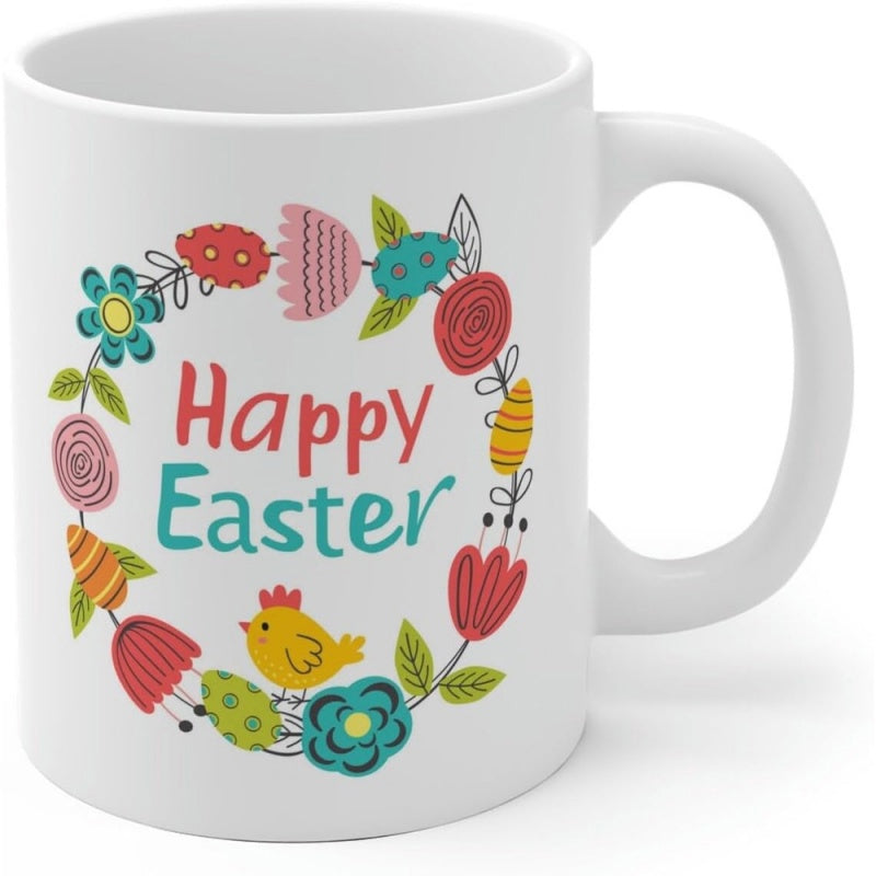 Tailorly White Ceramic 11 oz Mug - Happy Easter Colorful Floral Arrangement With Painted Eggs And A Small Yellow Bird Wreath
