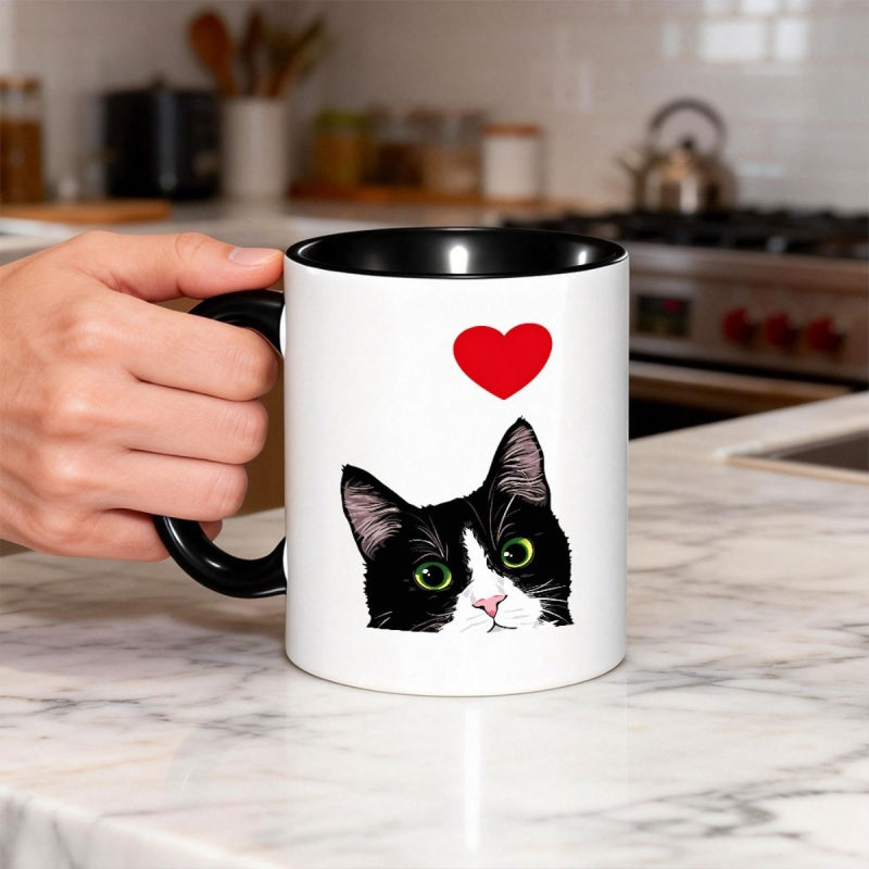 Tailorly Black Accent 11 oz Mug - i love tuxedo cat with colorful heart and cat face