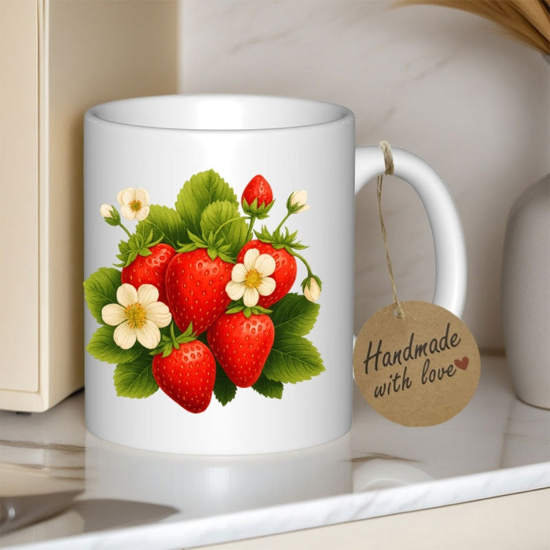 Tailorly White Ceramic 11 oz Mug - Handmade With Love Vibrant Red Fruit Clusters Surrounded By Lush Green Leaves And White Blossoms Strawberry