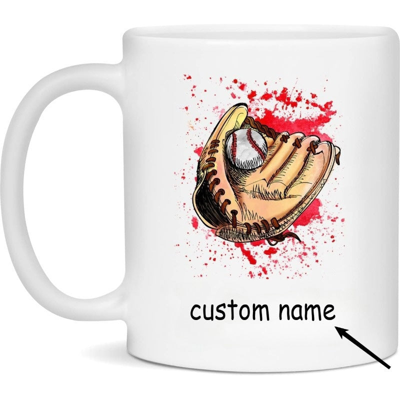 Tailorly White Ceramic 11 oz Mug - Custom Name Vintage Leather Mitt With Artistic Red Splatter Catching A Rotating Baseball Glove