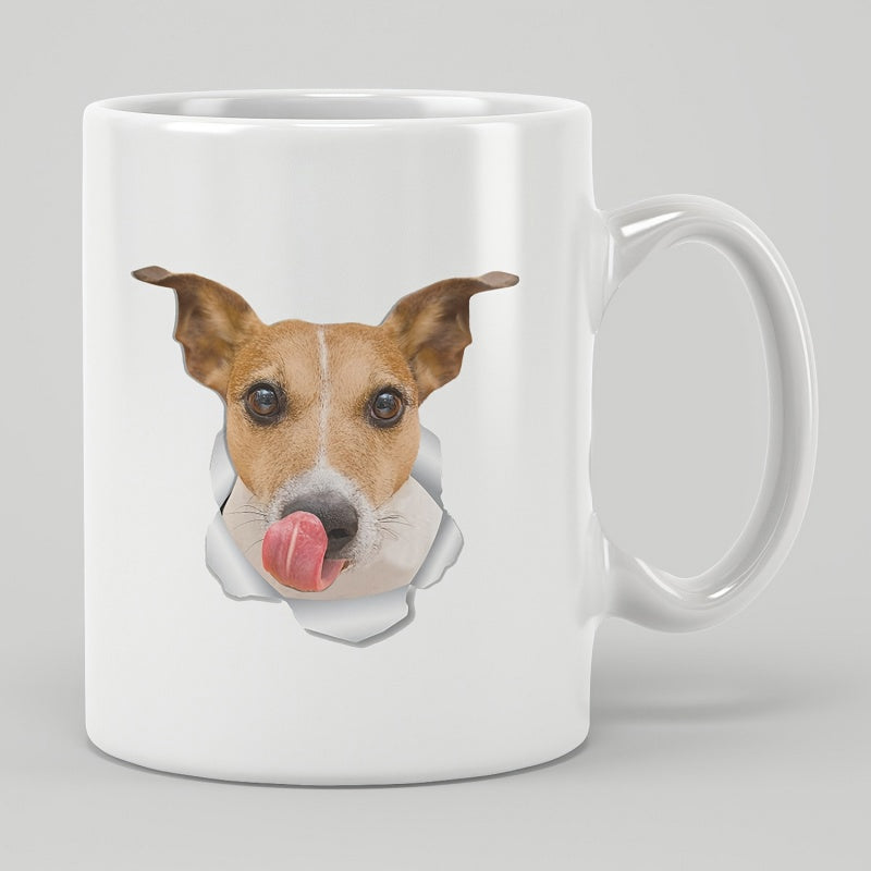 Tailorly White Ceramic 11 oz Mug - Curious Jack Russell Terrier Licking Nose Breaking Through Torn Paper Effect Dog