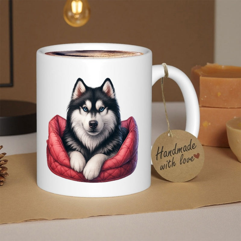 Tailorly White Ceramic 11 oz Mug - Handmade With Love Majestic Black And White Siberian Husky Resting In Cozy Red Quilted Bed Husky