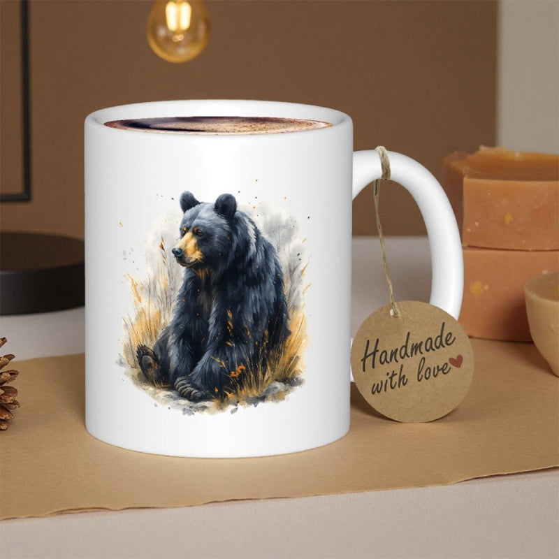 Tailorly White Ceramic 11 oz Mug - Majestic Black Bear Resting Peacefully Among Golden Autumn Grass In Watercolor Style Bear