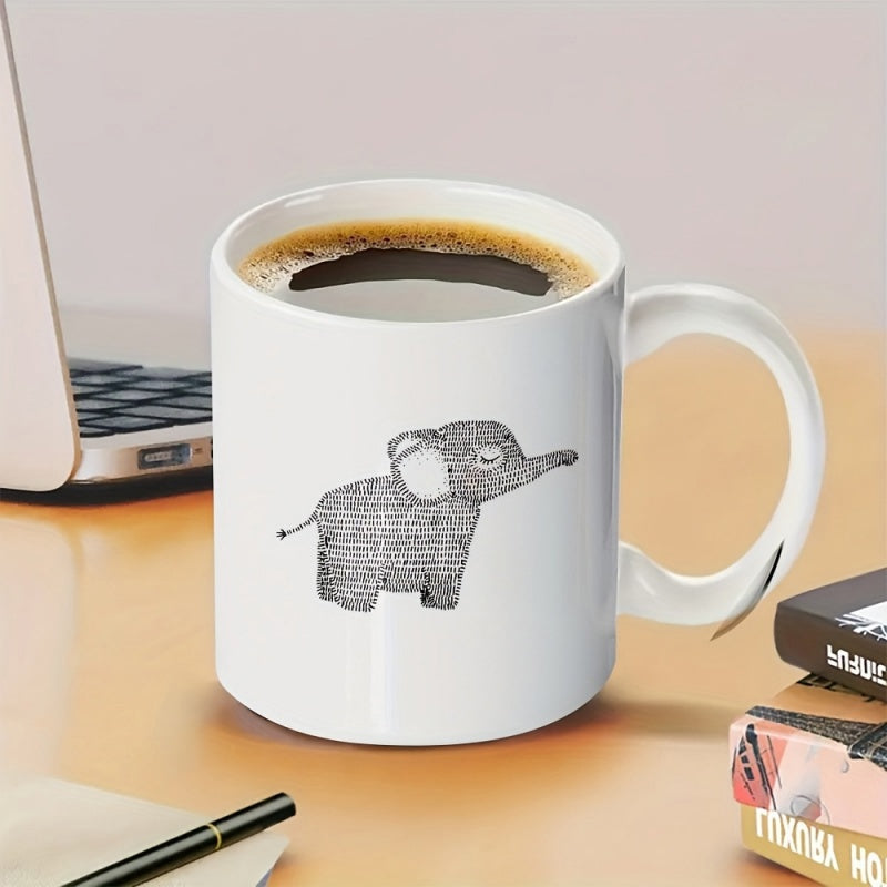 Tailorly White Ceramic 11 oz Mug - Sketched Minimalist Hand Drawn Textured Wildlife Animal Standing Gray Elephant