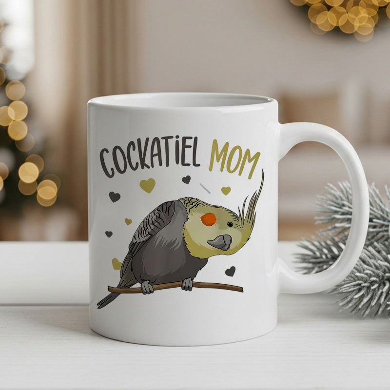 Tailorly White Ceramic 11 oz Mug - Cockatiel Mom Hand Drawn Gray Bird Perched On Branch With Small Scattered Hearts Cockatiel