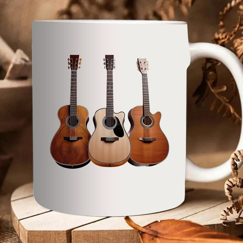 Tailorly White Ceramic 11 oz Mug - Three Various Wooden Acoustic Musical Instruments Arranged Together In Harmony Guitar