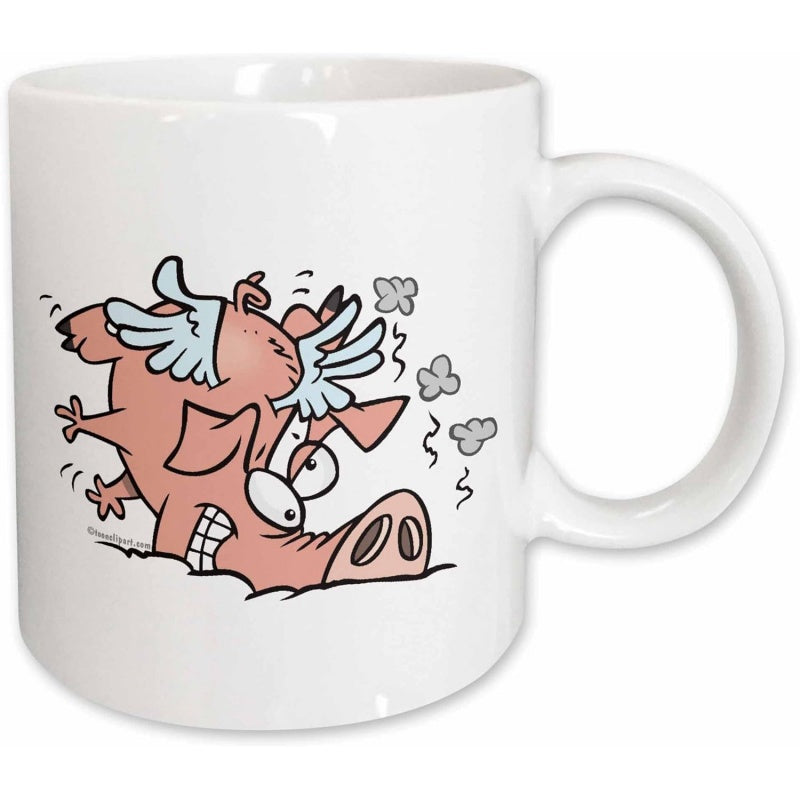 Tailorly White Ceramic 11 oz Mug - Funny Cartoon Pink Flying Pig Crashing Into White Ground Pig