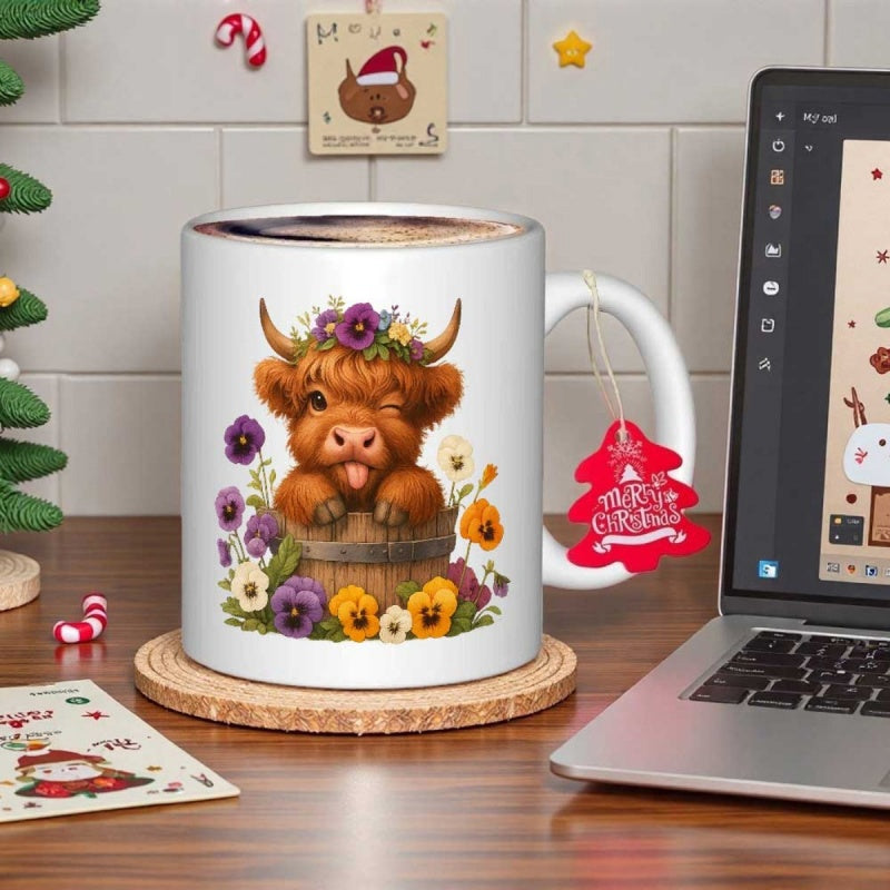 Tailorly White Ceramic 11 oz Mug - Adorable Fluffy Highland Calf With Flower Crown In Wooden Bucket Cow