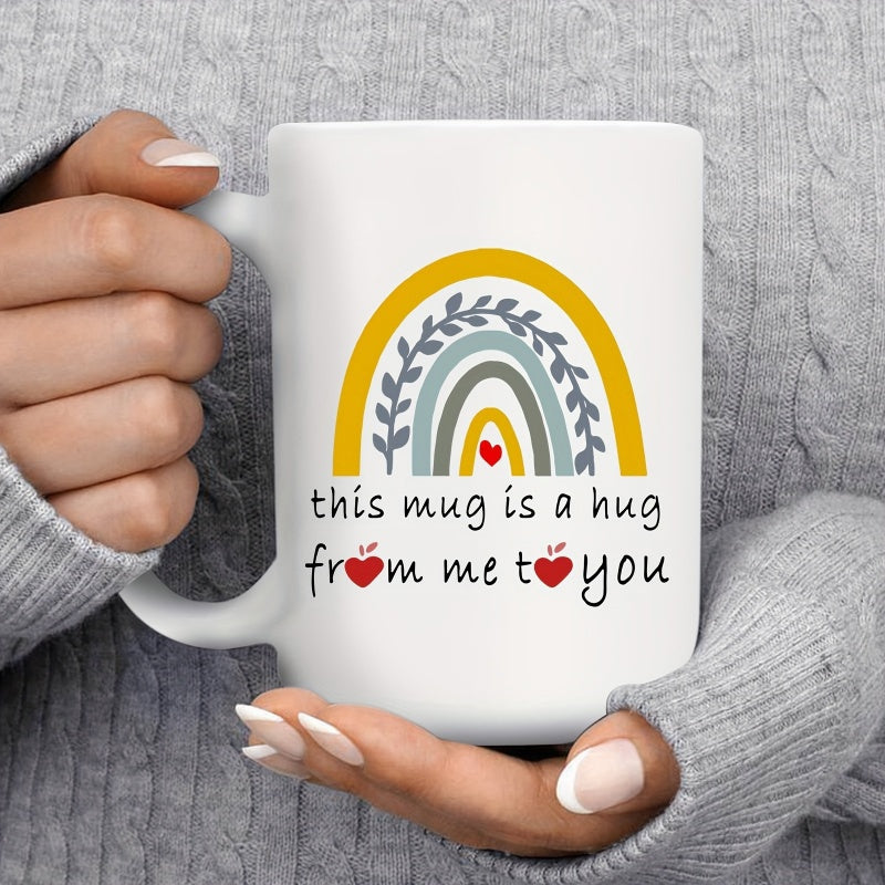 Tailorly White Ceramic 11 oz Mug - This Mug Is A Hug From Me To You Colorful Hand Drawn Rainbow With Delicate Leaves And Small Red Heart Rainbow