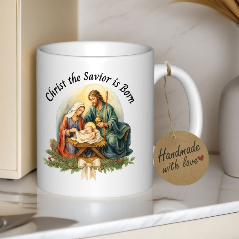 Tailorly White Ceramic 11 oz Mug - Christ The Savior Is Born Sacred Holy Scene With Mary And Joseph Watching Baby Jesus Nativity
