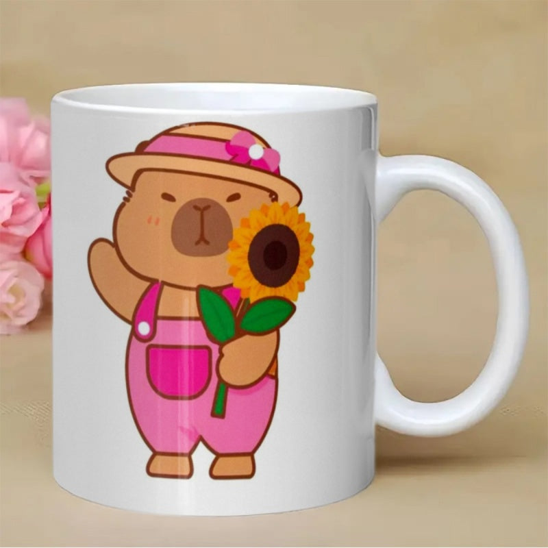 Tailorly White Ceramic 11 oz Mug - Adorable Cartoon Wearing Pink Hat And Overalls Holding A Sunflower Capybara