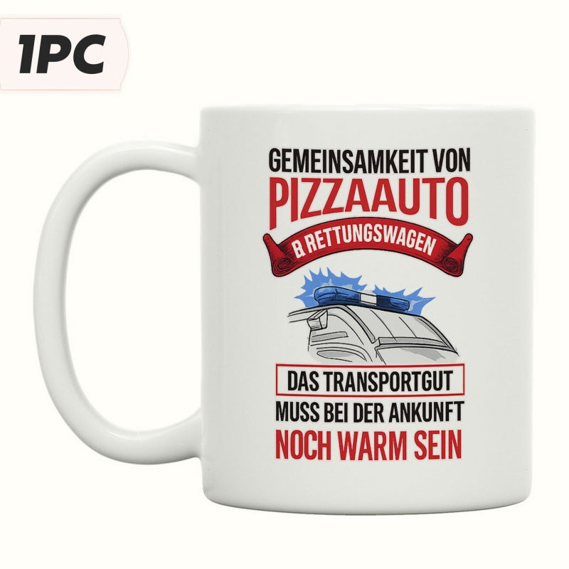 Tailorly White Ceramic 11 oz Mug - Modern Illustration Of Emergency Van With Blue Sirens And A Decorative Banner Vehicle
