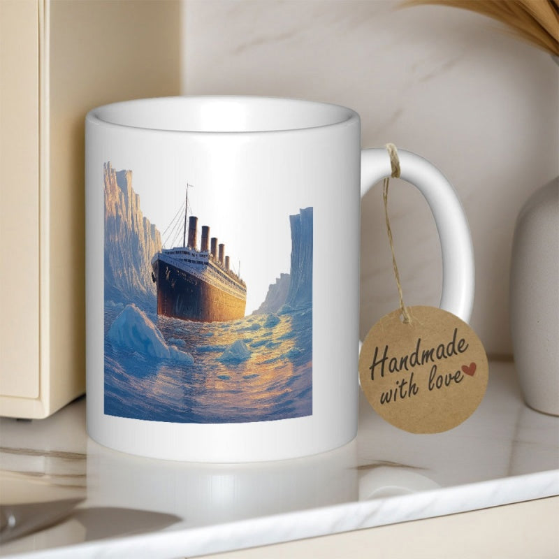 Tailorly White Ceramic 11 oz Mug - Handmade With Love Majestic Steamship Sailing Through Cold Blue Icebergs Under Golden Sunlight Ship