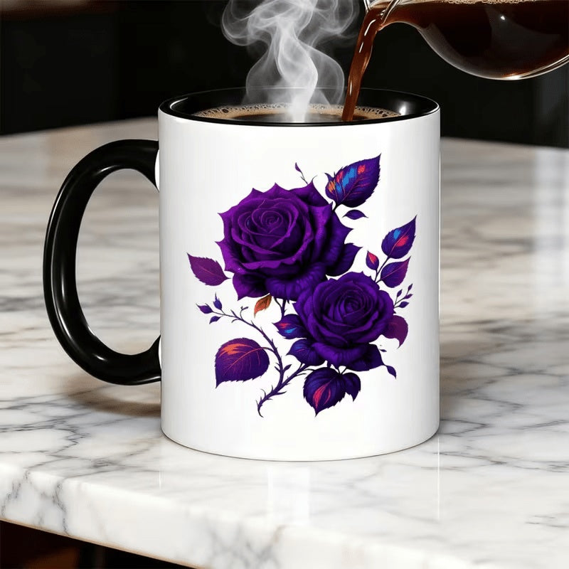 Tailorly Black Accent 11 oz Mug - purple rose and leaf patterns