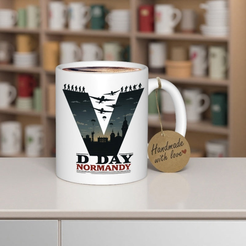 Tailorly White Ceramic 11 oz Mug - D Day Normandy Military Aircraft Flying Over Scenic Landscape Within Large V Silhouette Mug