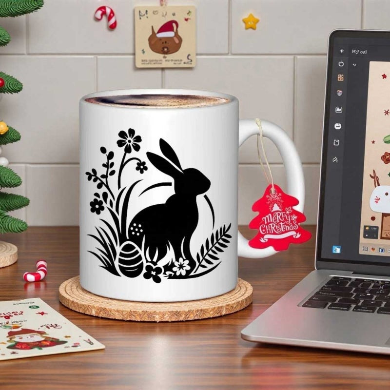 Tailorly White Ceramic 11 oz Mug - Black Silhouette Style Sitting Among Flowers And Decorative Easter Egg Rabbit