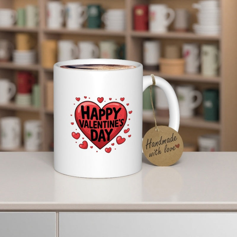 Tailorly White Ceramic 11 oz Mug - Happy Valentines Day Handmade With Love Red Romantic Floating Hearts Surrounded By Warm Festive Expressions Heart